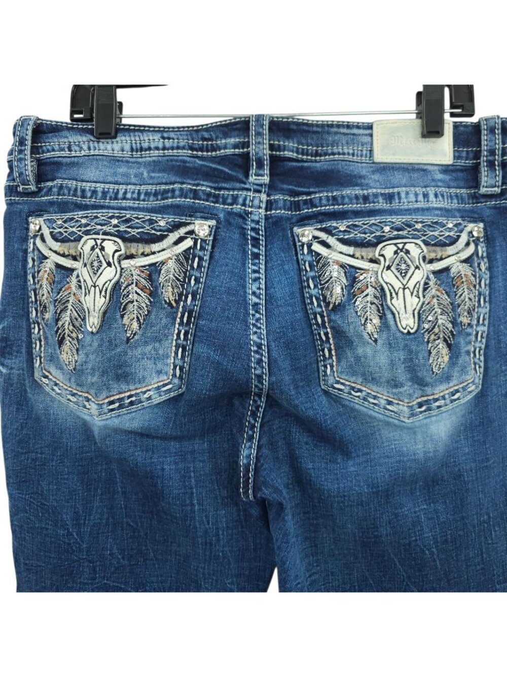 Miss Me Jeans 34 Curvy Boot Western Longhorn Cow Skull Feather Embellished Blue